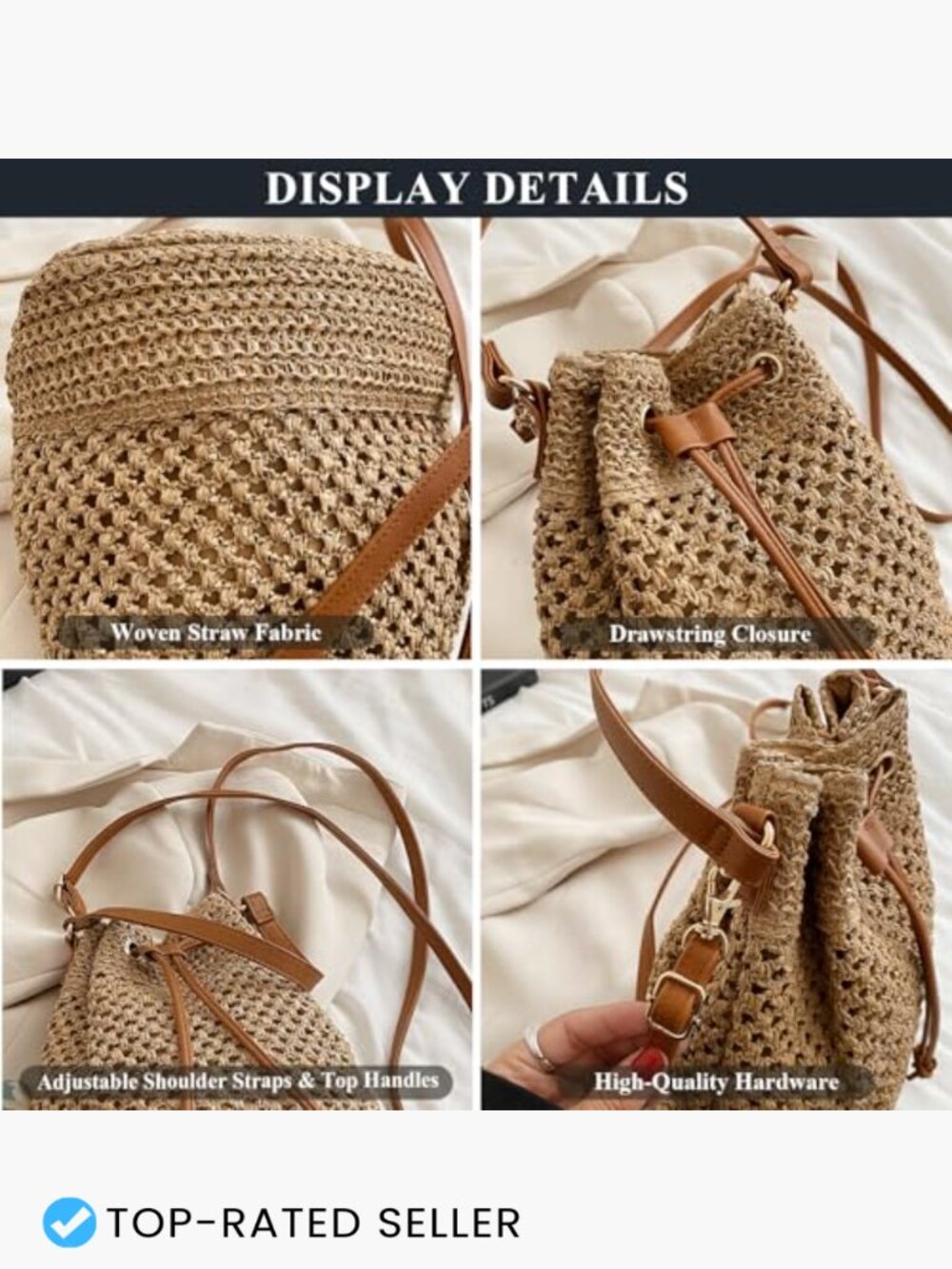 Woven Straw Bucket Bag Summer Fashion Handbag Crossbody Hobo Drawstring Purse - Picture 5 of 7